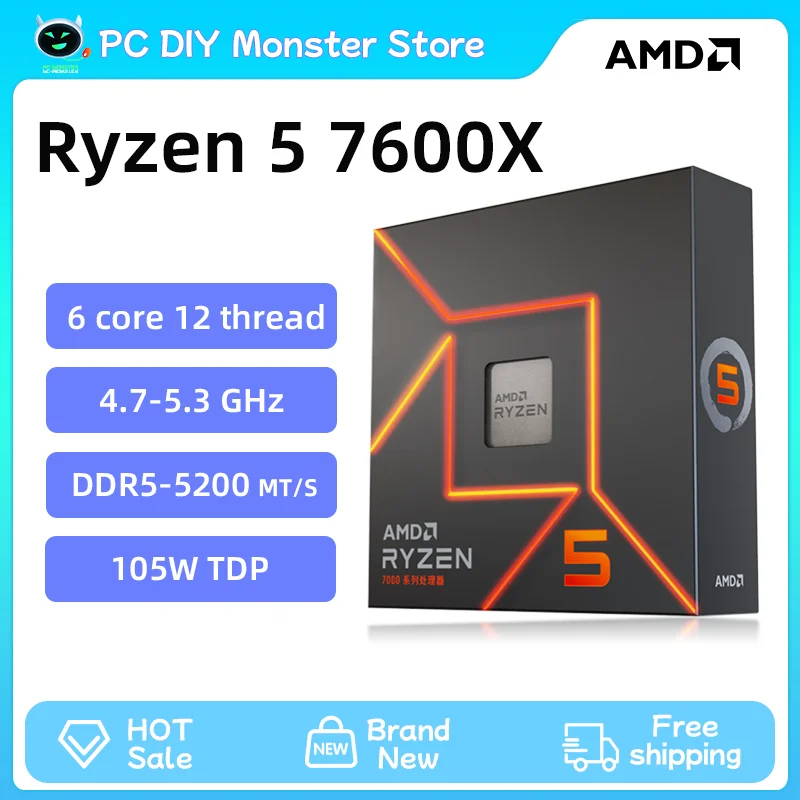 AMD Ryzen 5 7600X R5 7600X 4.7 GHz, 6 ھ 12  PCIE 5.0 105W CPU μ, 5NM L3 = 32M 100-000000593 LGA AM5  ӿ, 